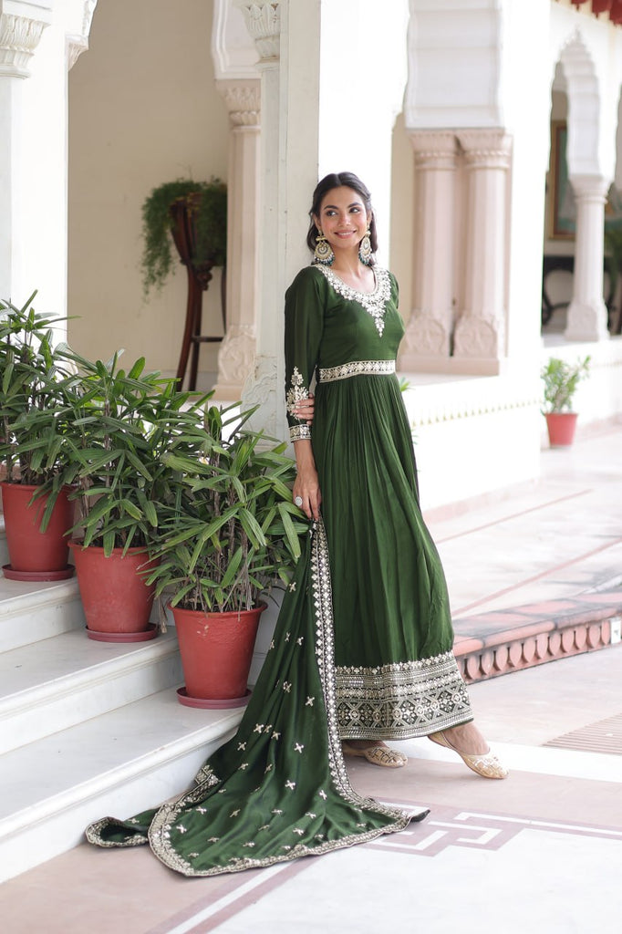 Green Designer Vichitra Silk Sequins Embroidered Gown with 3-Meter Flair & Matching Dupatta – Fully Stitched Festive & Wedding Wear ClothsVilla