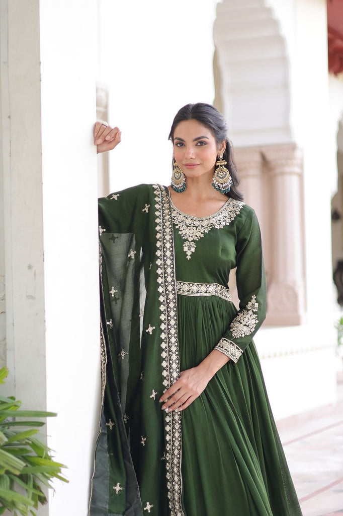 Green Designer Vichitra Silk Sequins Embroidered Gown with 3-Meter Flair & Matching Dupatta – Fully Stitched Festive & Wedding Wear ClothsVilla