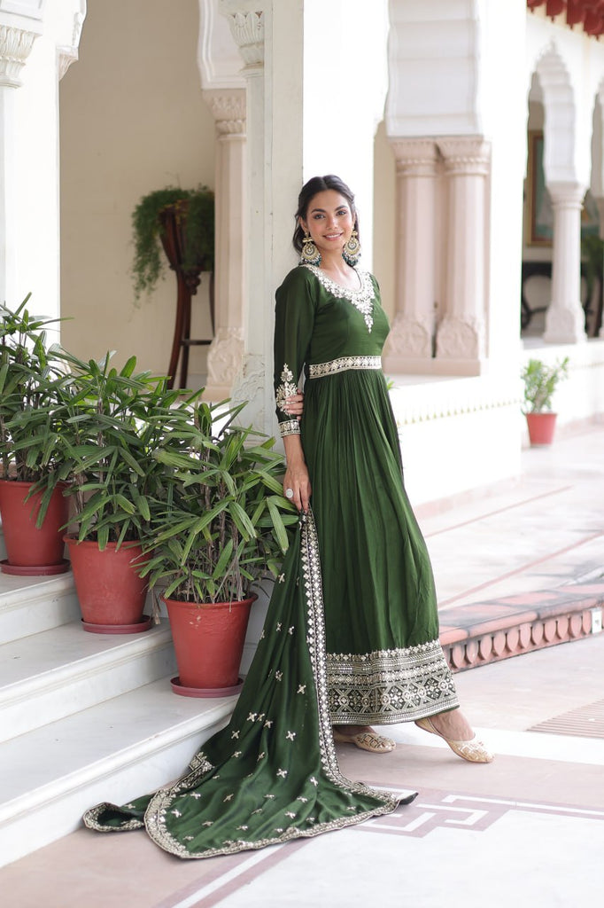 Green Designer Vichitra Silk Sequins Embroidered Gown with 3-Meter Flair & Matching Dupatta – Fully Stitched Festive & Wedding Wear ClothsVilla