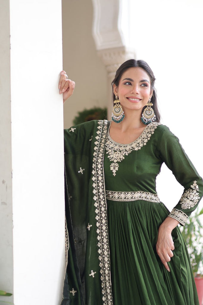 Green Designer Vichitra Silk Sequins Embroidered Gown with 3-Meter Flair & Matching Dupatta – Fully Stitched Festive & Wedding Wear ClothsVilla