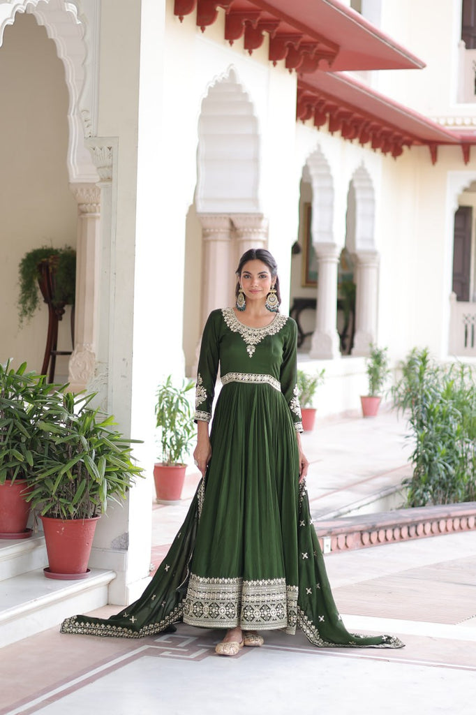 Green Designer Vichitra Silk Sequins Embroidered Gown with 3-Meter Flair & Matching Dupatta – Fully Stitched Festive & Wedding Wear ClothsVilla
