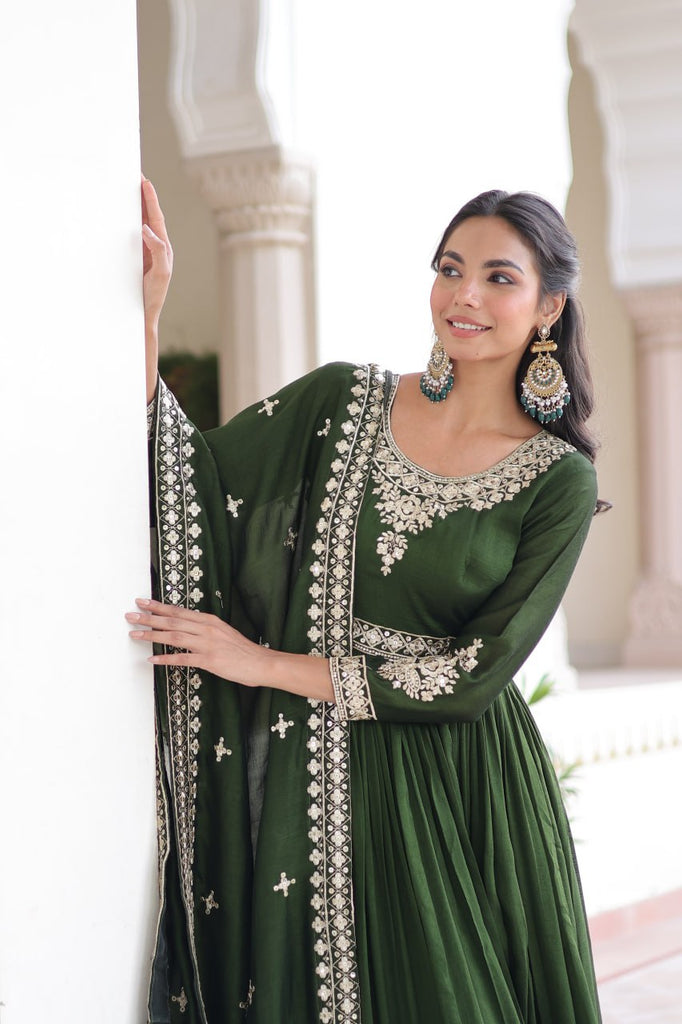 Green Designer Vichitra Silk Sequins Embroidered Gown with 3-Meter Flair & Matching Dupatta – Fully Stitched Festive & Wedding Wear ClothsVilla