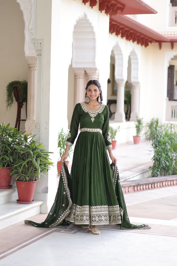 Green Designer Vichitra Silk Sequins Embroidered Gown with 3-Meter Flair & Matching Dupatta – Fully Stitched Festive & Wedding Wear ClothsVilla
