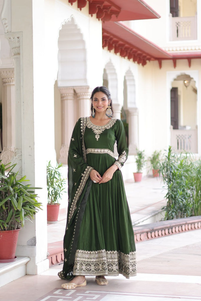 Green Designer Vichitra Silk Sequins Embroidered Gown with 3-Meter Flair & Matching Dupatta – Fully Stitched Festive & Wedding Wear ClothsVilla
