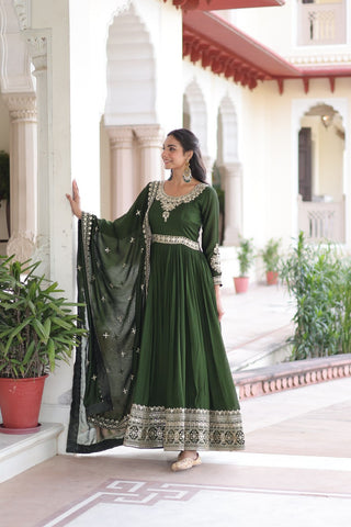 Green Designer Vichitra Silk Sequins Embroidered Gown with 3-Meter Flair & Matching Dupatta – Fully Stitched Festive & Wedding Wear ClothsVilla