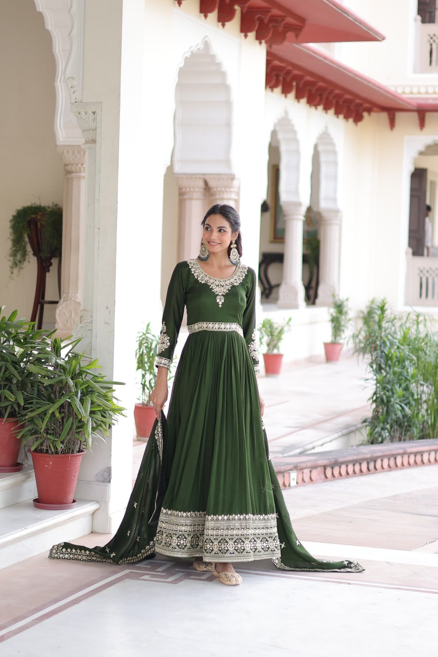 Green Designer Vichitra Silk Sequins Embroidered Gown with 3-Meter Flair & Matching Dupatta – Fully Stitched Festive & Wedding Wear ClothsVilla