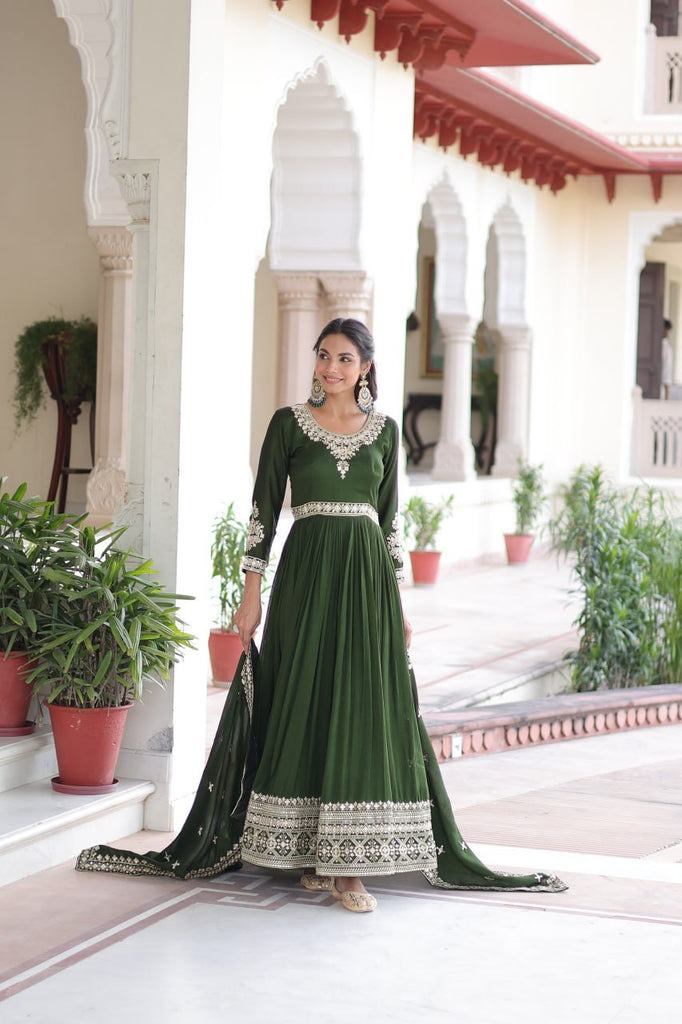 Green Designer Vichitra Silk Sequins Embroidered Gown with 3-Meter Flair & Matching Dupatta – Fully Stitched Festive & Wedding Wear ClothsVilla