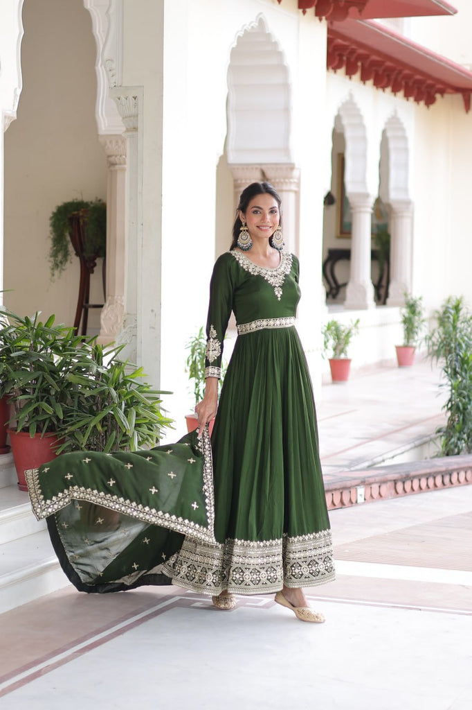 Green Designer Vichitra Silk Sequins Embroidered Gown with 3-Meter Flair & Matching Dupatta – Fully Stitched Festive & Wedding Wear ClothsVilla