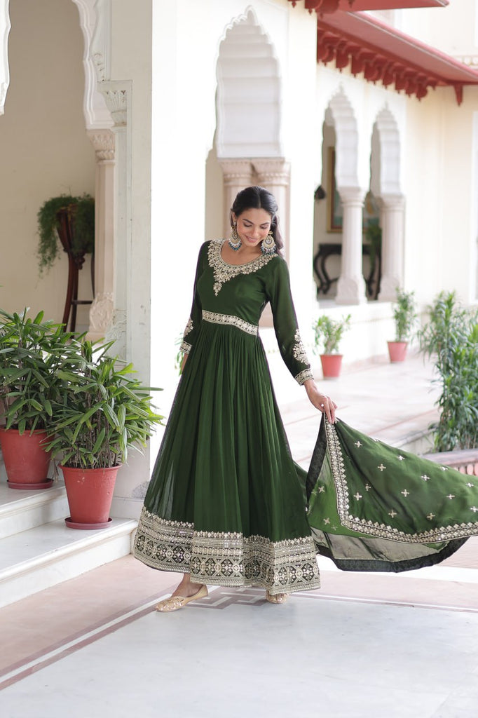 Green Designer Vichitra Silk Sequins Embroidered Gown with 3-Meter Flair & Matching Dupatta – Fully Stitched Festive & Wedding Wear ClothsVilla