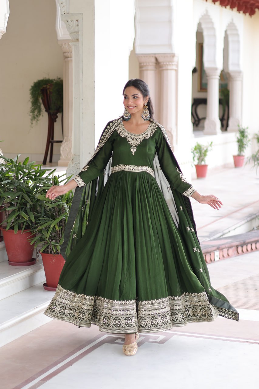 Green Designer Vichitra Silk Sequins Embroidered Gown with 3-Meter Flair & Matching Dupatta – Fully Stitched Festive & Wedding Wear ClothsVilla