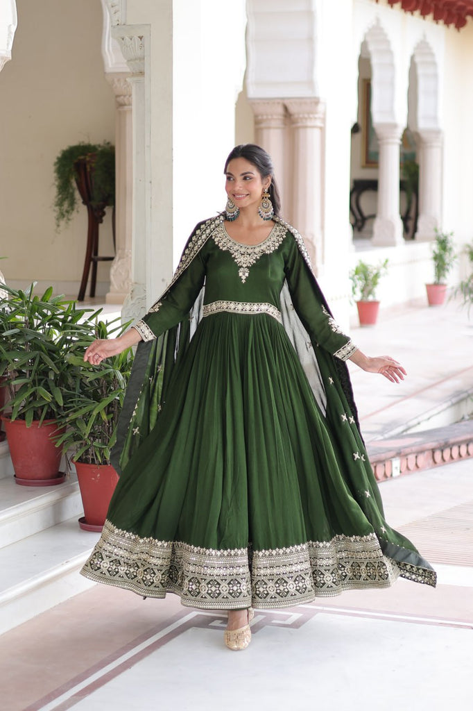 Green Designer Vichitra Silk Sequins Embroidered Gown with 3-Meter Flair & Matching Dupatta – Fully Stitched Festive & Wedding Wear ClothsVilla