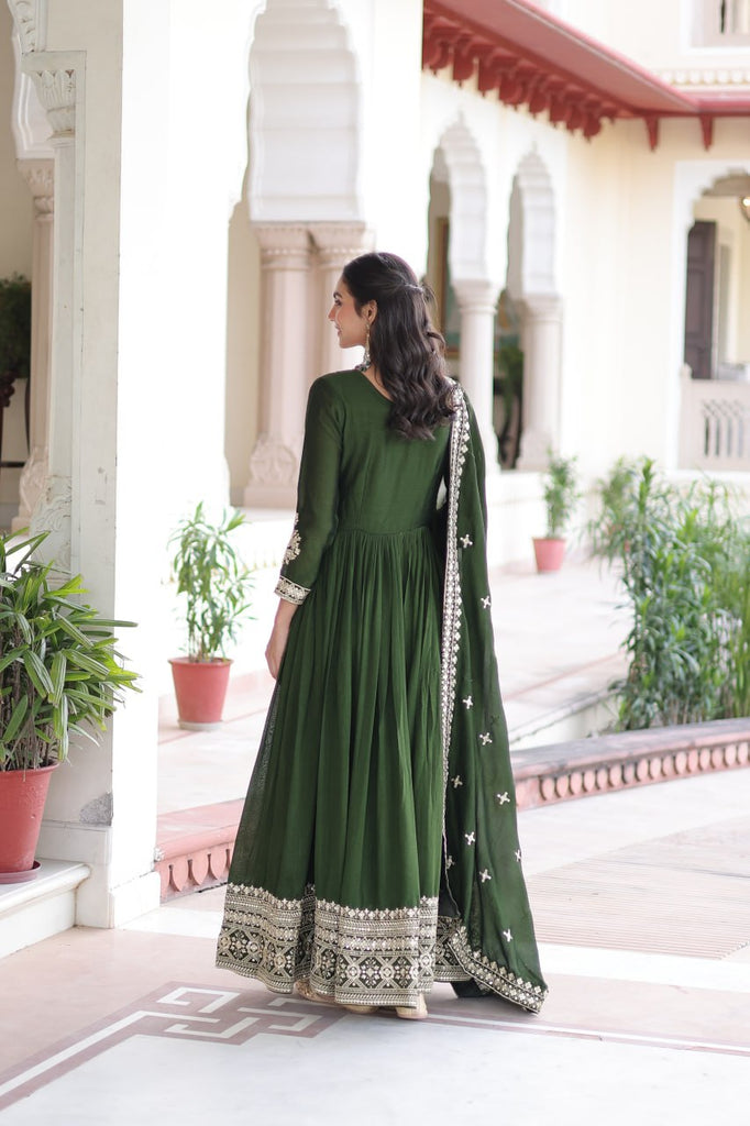 Green Designer Vichitra Silk Sequins Embroidered Gown with 3-Meter Flair & Matching Dupatta – Fully Stitched Festive & Wedding Wear ClothsVilla