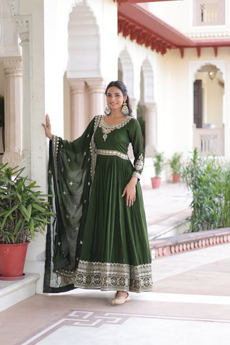 Green Designer Vichitra Silk Sequins Embroidered Gown with 3-Meter Flair & Matching Dupatta – Fully Stitched Festive & Wedding Wear ClothsVilla