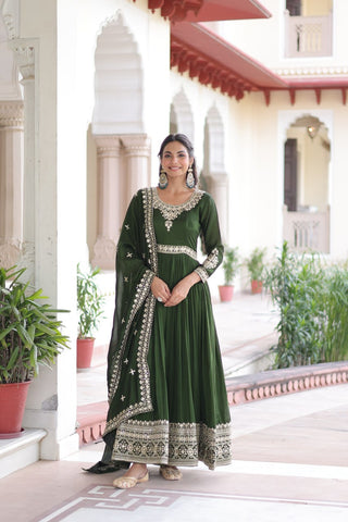 Green Designer Vichitra Silk Sequins Embroidered Gown with 3-Meter Flair & Matching Dupatta – Fully Stitched Festive & Wedding Wear ClothsVilla