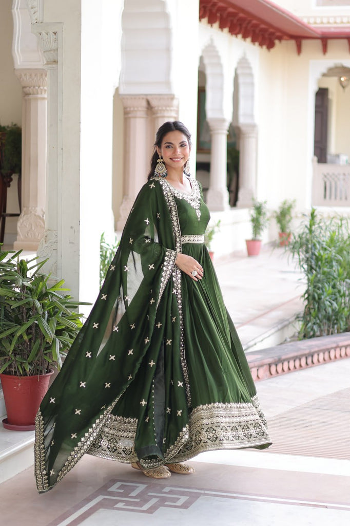 Green Designer Vichitra Silk Sequins Embroidered Gown with 3-Meter Flair & Matching Dupatta – Fully Stitched Festive & Wedding Wear ClothsVilla