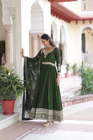 Green Designer Vichitra Silk Sequins Embroidered Gown with 3-Meter Flair & Matching Dupatta – Fully Stitched Festive & Wedding Wear ClothsVilla