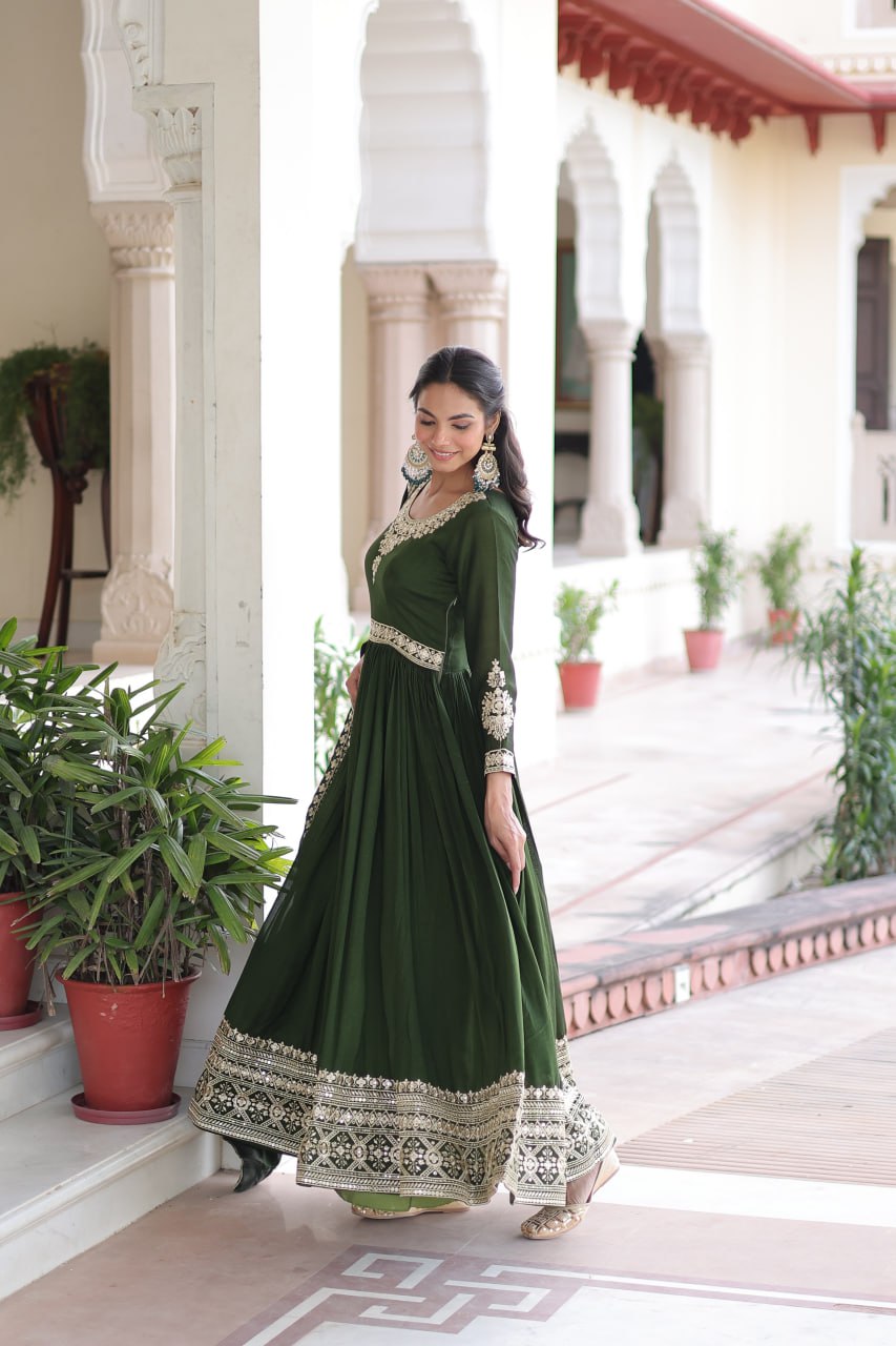 Green Designer Vichitra Silk Sequins Embroidered Gown with 3-Meter Flair & Matching Dupatta – Fully Stitched Festive & Wedding Wear ClothsVilla