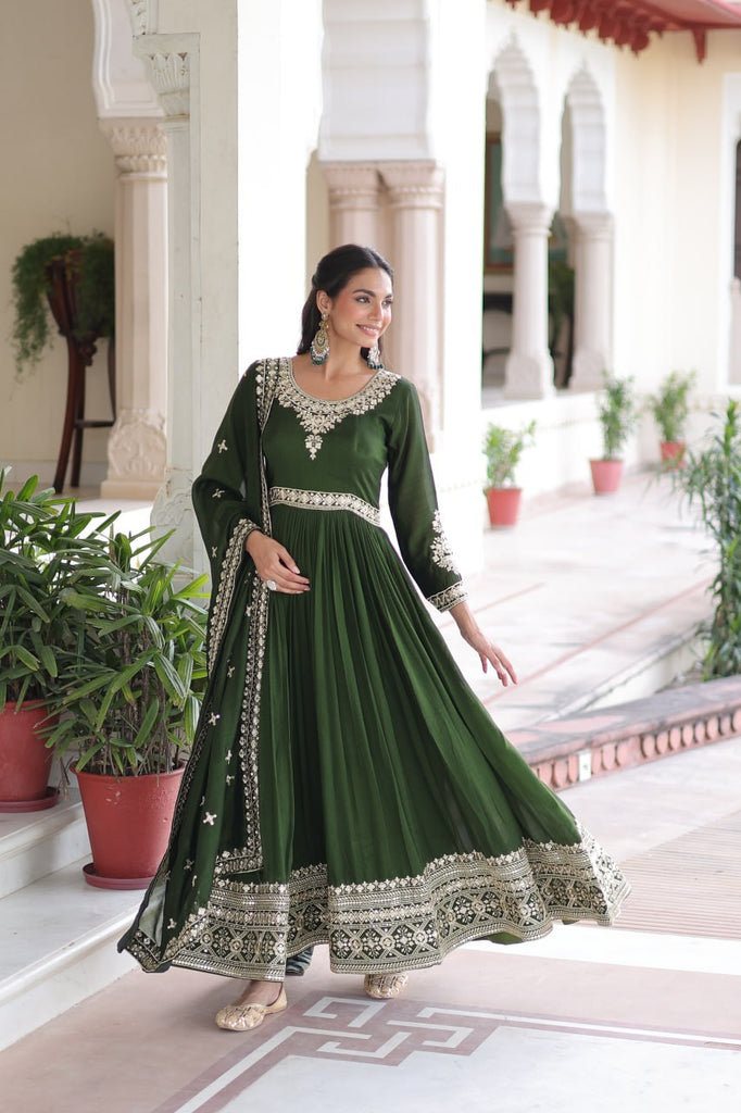 Green Designer Vichitra Silk Sequins Embroidered Gown with 3-Meter Flair & Matching Dupatta – Fully Stitched Festive & Wedding Wear ClothsVilla