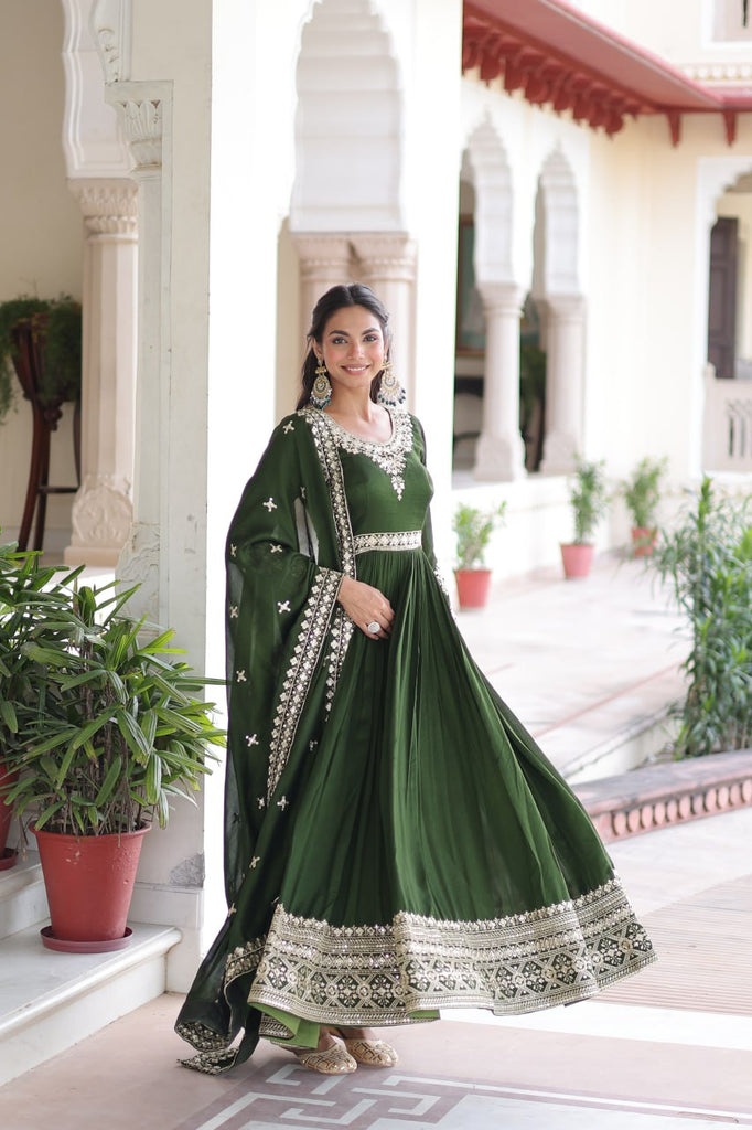 Green Designer Vichitra Silk Sequins Embroidered Gown with 3-Meter Flair & Matching Dupatta – Fully Stitched Festive & Wedding Wear ClothsVilla