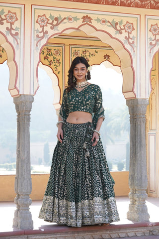 Green Designer Viscose Jacquard Lehenga Choli & Dupatta Set with Sequins ClothsVilla