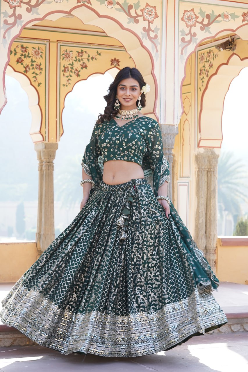 Green Designer Viscose Jacquard Lehenga Choli & Dupatta Set with Sequins ClothsVilla