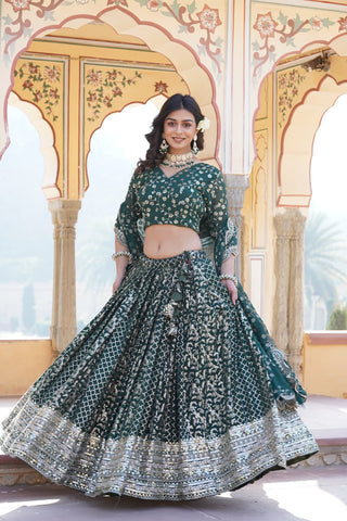 Green Designer Viscose Jacquard Lehenga Choli & Dupatta Set with Sequins ClothsVilla