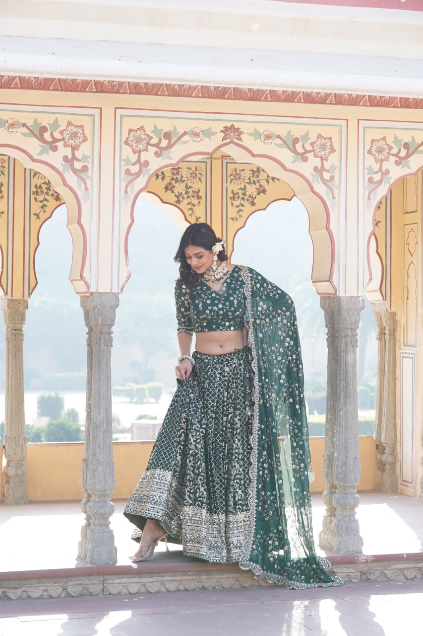 Green Designer Viscose Jacquard Lehenga Choli & Dupatta Set with Sequins ClothsVilla