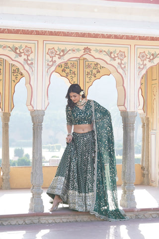 Green Designer Viscose Jacquard Lehenga Choli & Dupatta Set with Sequins ClothsVilla