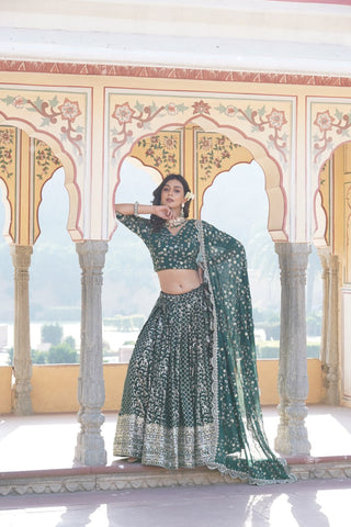 Green Designer Viscose Jacquard Lehenga Choli & Dupatta Set with Sequins ClothsVilla