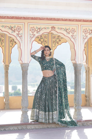 Green Designer Viscose Jacquard Lehenga Choli & Dupatta Set with Sequins ClothsVilla