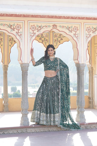 Green Designer Viscose Jacquard Lehenga Choli & Dupatta Set with Sequins ClothsVilla