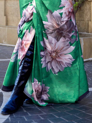 Green Digital Print Saree in Satin Silk Blend – Party & Wedding Wear ClothsVilla