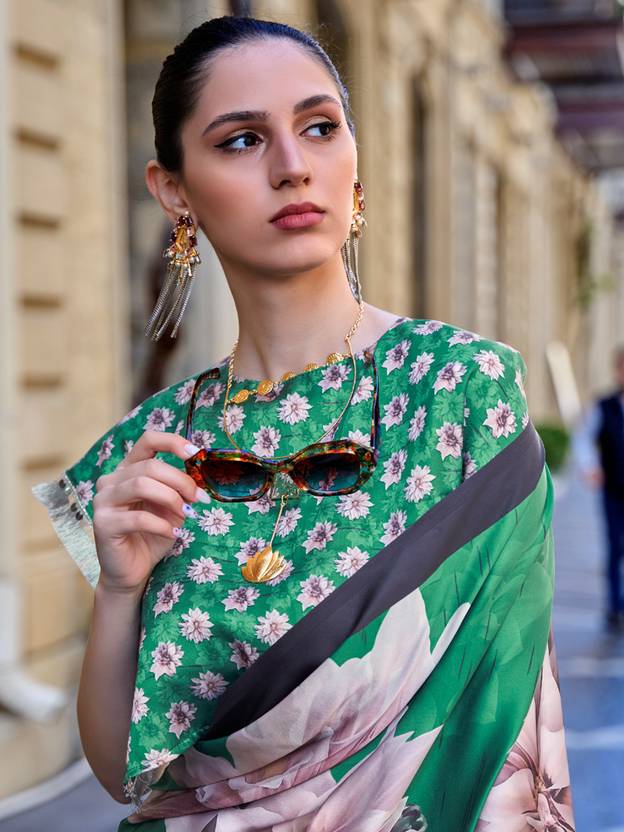 Green Digital Print Saree in Satin Silk Blend – Party & Wedding Wear Secondary image