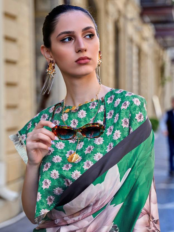 Green Digital Print Saree in Satin Silk Blend – Party & Wedding Wear ClothsVilla