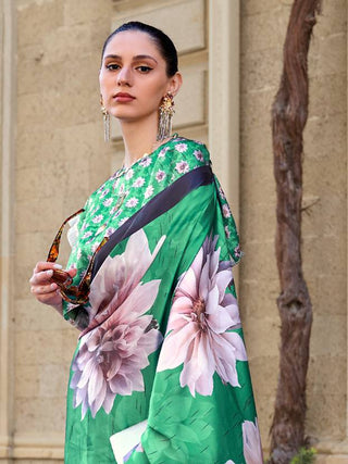 Green Digital Print Saree in Satin Silk Blend – Party & Wedding Wear ClothsVilla