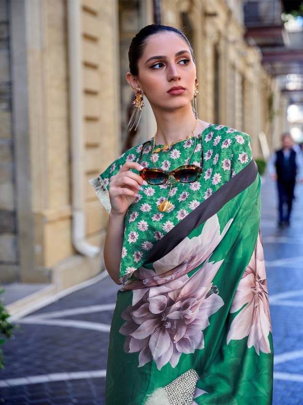 Green Digital Print Saree in Satin Silk Blend – Party & Wedding Wear ClothsVilla