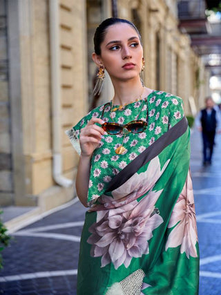 Green Digital Print Saree in Satin Silk Blend – Party & Wedding Wear ClothsVilla