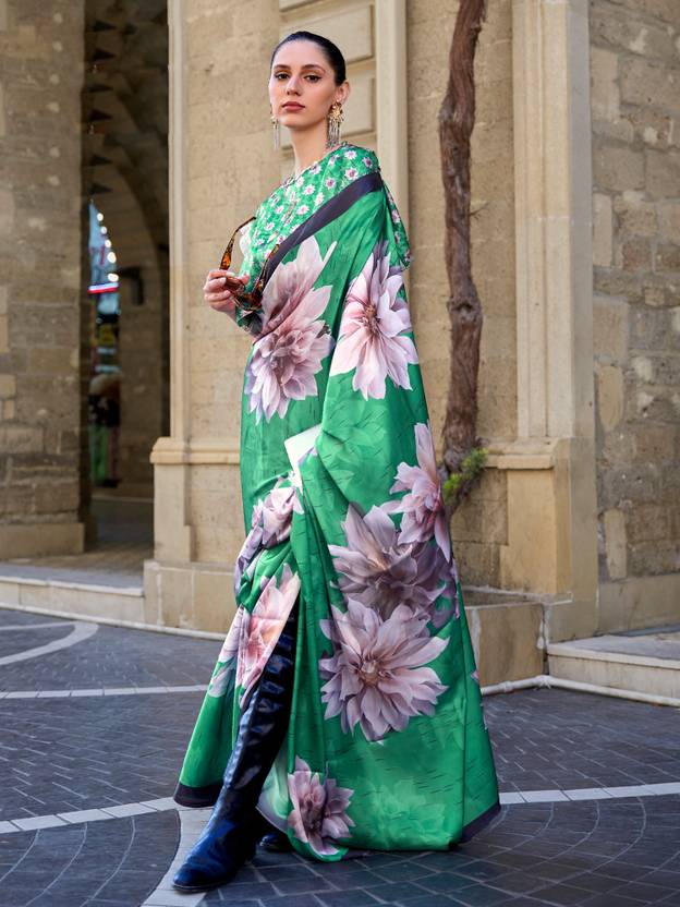 Green Digital Print Saree in Satin Silk Blend – Party & Wedding Wear ClothsVilla