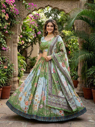 Green Digital Print Silk Lehenga Set ClothsVilla
