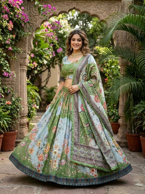 Green Digital Print Silk Lehenga Set ClothsVilla Main image