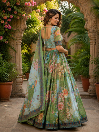 Green Digital Print Silk Lehenga Set ClothsVilla
