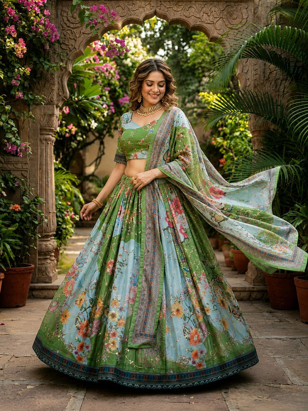 Green Digital Print Silk Lehenga Set ClothsVilla
