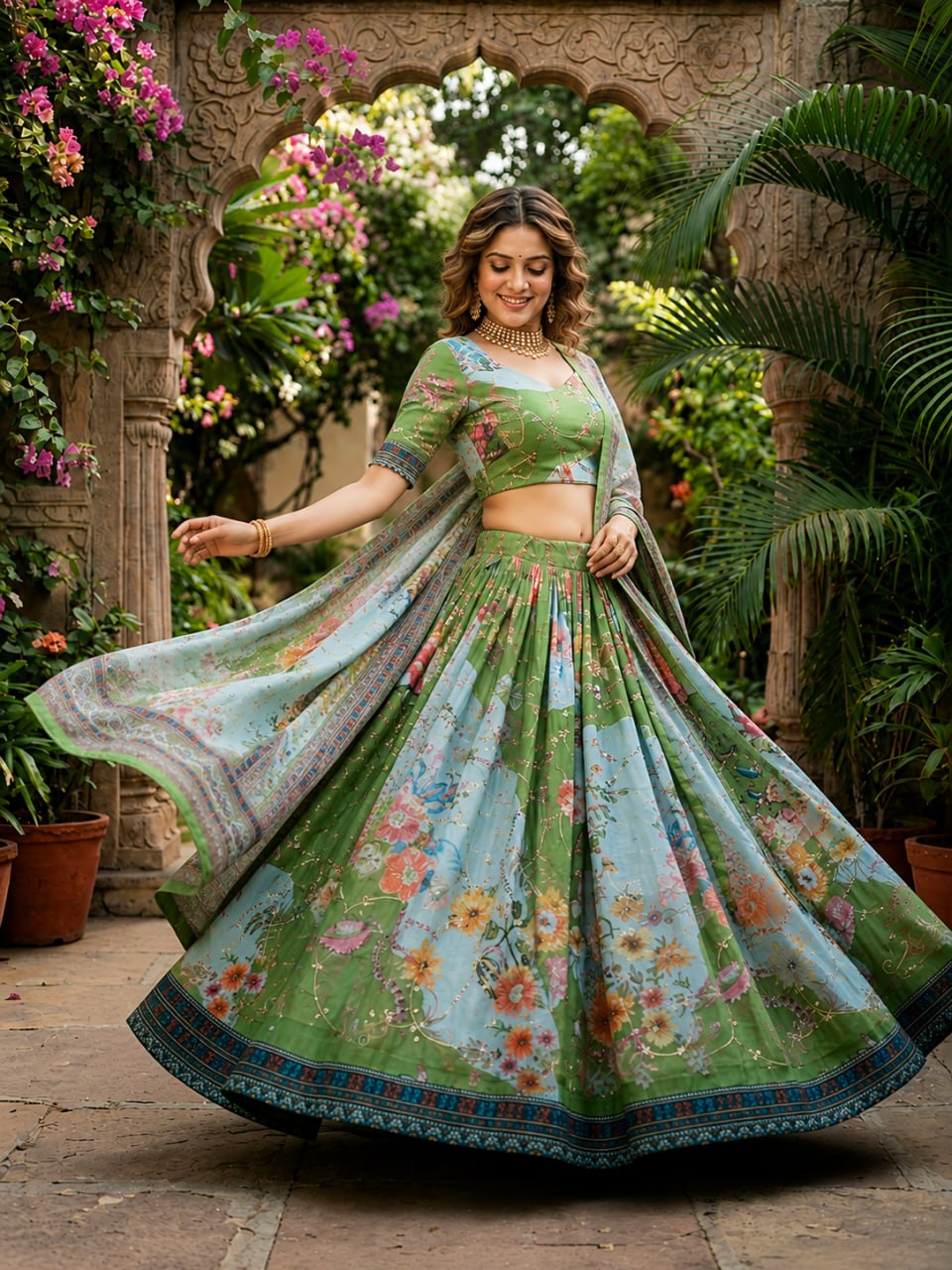 Green Digital Print Silk Lehenga Set ClothsVilla