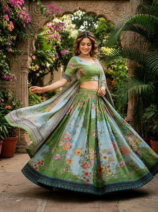 Green Digital Print Silk Lehenga Set ClothsVilla