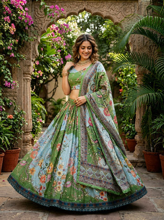 Green Digital Print Silk Lehenga Set ClothsVilla
