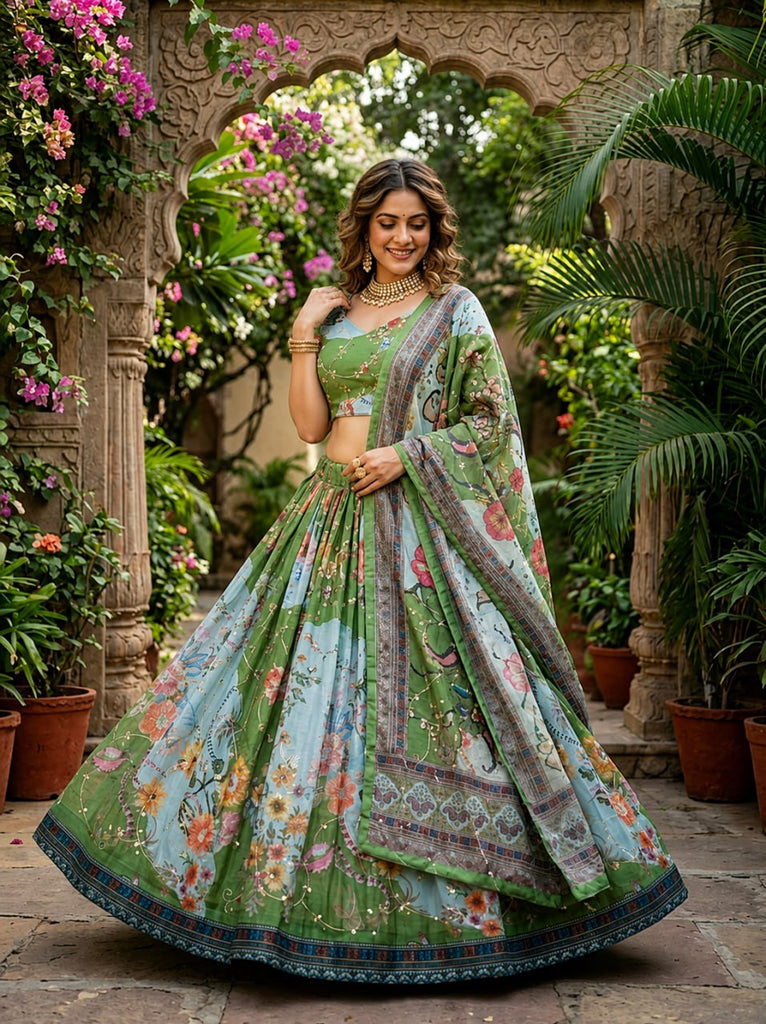 Green Digital Print Silk Lehenga Set ClothsVilla
