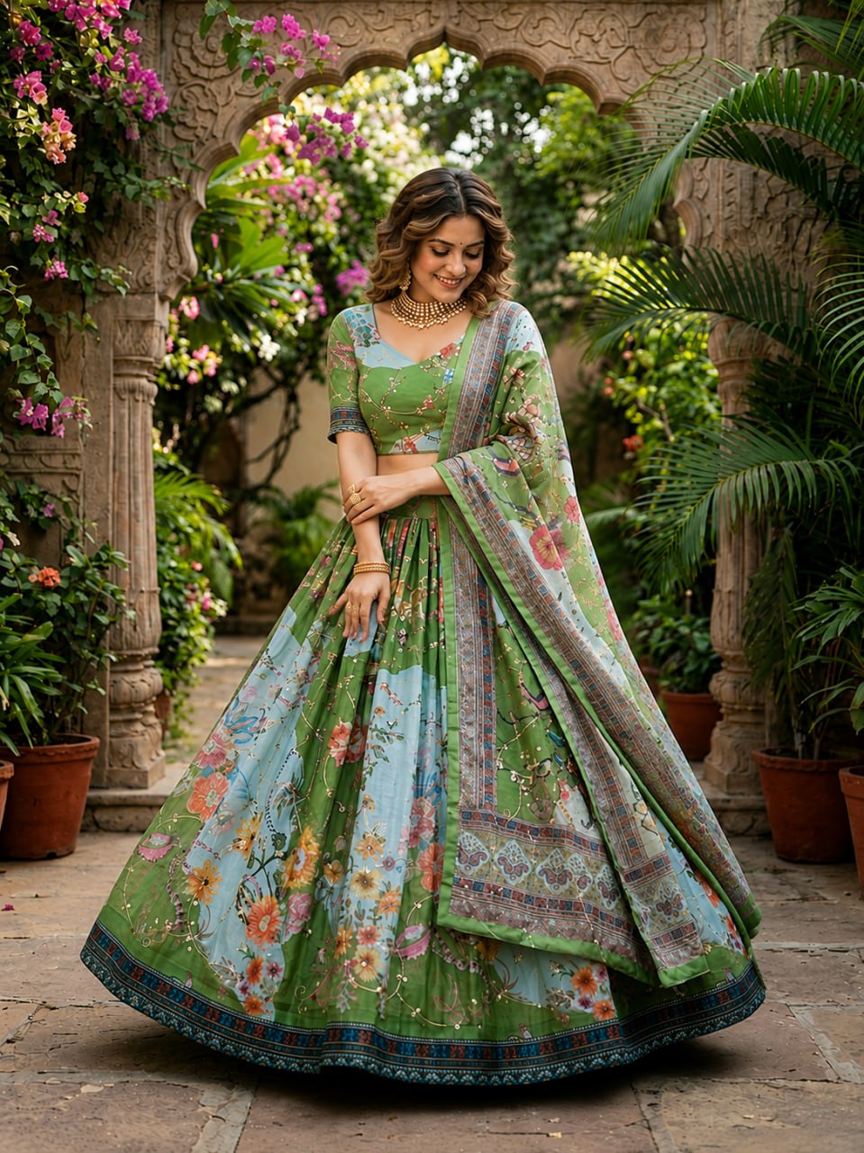 Green Digital Print Silk Lehenga Set ClothsVilla