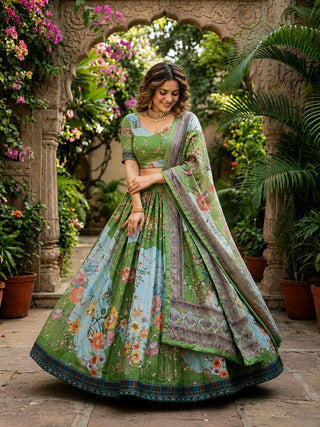 Green Digital Print Silk Lehenga Set ClothsVilla