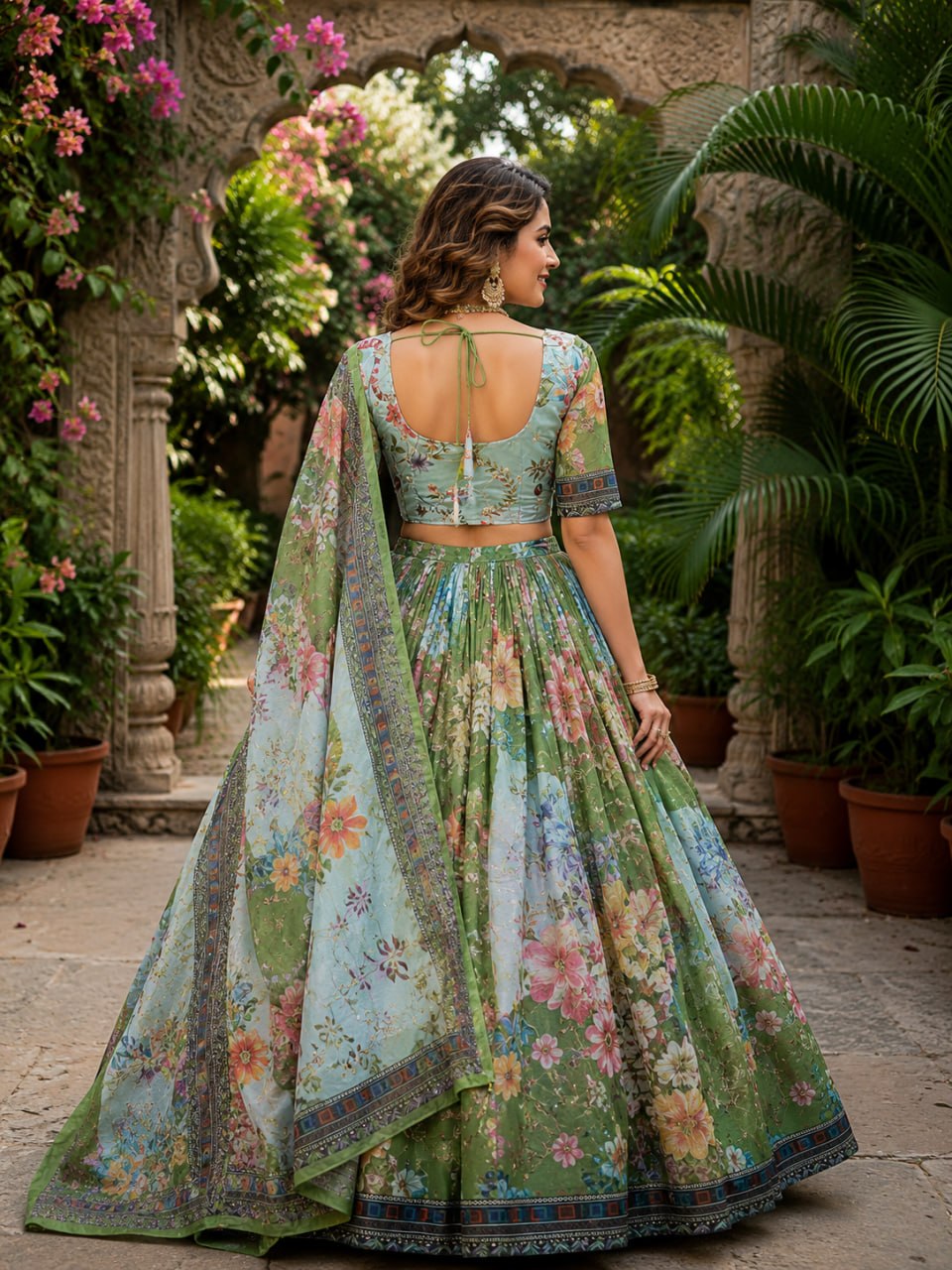 Green Digital Print Silk Lehenga Set ClothsVilla