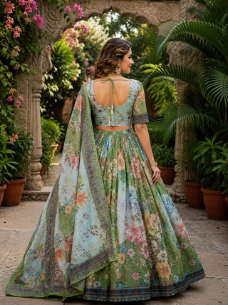 Green Digital Print Silk Lehenga Set ClothsVilla